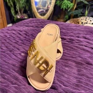 Fendi Women's Cream Mules with Gold Logo